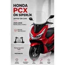 Motobros Motosiklet Ön Cam Honda Pcx 2025-2026 Uyumlu Şeffaf Ön Cam Siperlik 79X62 cm Montaj Aparatlı