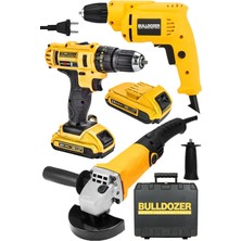Bulldozer Süper Set 24 V 5 Ah Darbeli Akülü Vidalama 180 mm Taşlama ve 900W Matkap ile Ergonomik Tasarım