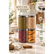 Porsima S-2087 4'lü Çizgili Cam Kavanoz Seti 1500 ml – Metal Vakum Kapaklı Mutfak Kiler Erzak ve Bakliyat Saklama Kabı