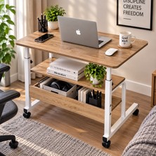 Homedora Yükseklik Ayarlanabilir Tekerlekli Çalışma Masası 70X40 cm Raflı Laptop ve Bilgisayar Masası Ahşap