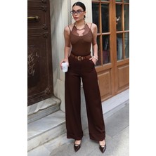 Kechi Woman Double Kumaş Bol Paça Kemerli Pantolon — Kahverengi