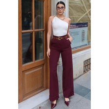 Kechi Woman Double Kumaş Bol Paça Kemerli Pantolon — Bordo