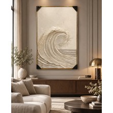 Gold Çerçeveli Bej Dalga Desenli Kanvas Tablo – Modern Salon Duvar Dekoru
