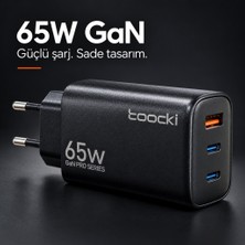 Toocki 65W Gan Pro 3 Portlu Hızlı Şarj Adaptörü 2 Usb-C ve 1 Usb-A Pd 3.0 Pps Qc 3.0 Avrupa Tipi Fiş Siyah