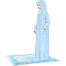 Oulabi Mir Pratik Fermuarlı Pamuklu Kız Çocuk Namaz Elbisesi 3 Parçalı Set Mavi Baskılı