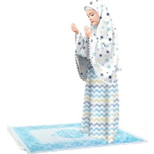 Oulabi Mir Kız Çocuk Namaz Elbisesi 3 Parçalı Seccadeli Dantel Detaylı Eteği Zigzag Desenli