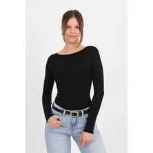 Hdm Kadın Siyah Kayık Yaka Yumuşak Örme Uzun Kollu Bluz - H6179