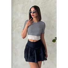 Very Moda Eteği Dantelli Çizgili Bluz | D2394