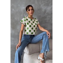 Very Moda Kısa Kollu Dama Desen Tiğişi Bluz | D2619