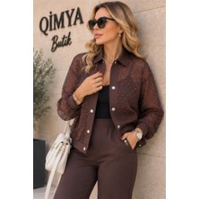 Qimya Butik Şans Life Kadın Pamuk Pantolonlu Tül Üstü Taşlı Ceketli Alt Üst Ikili Takım
