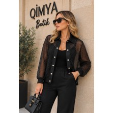 Qimya Butik Şans Life Kadın Pamuk Pantolonlu Tül Üstü Taşlı Ceketli Alt Üst Ikili Takım