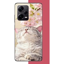 Aksesuarist Redmi Note 12 Pro Plus Uyumlu Pembe Yapraklı Kedi Baskılı Silikon Kılıf