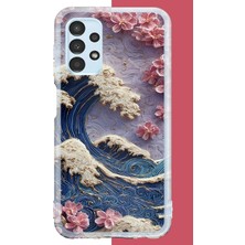 Aksesuarist Samsung Galaxy A13 Uyumlu Mavi Dalga ve Pembe Çiçekler Baskılı Silikon Kılıf