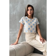 Very Moda Kısa Kollu Dama Desen Tiğişi Bluz | D2619