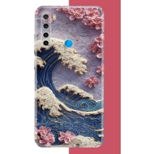 Aksesuarist Redmi Note 8 Uyumlu Mavi Dalga ve Pembe Çiçekler Baskılı Silikon Kılıf