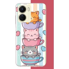 Aksesuarist Vivo Y16 Uyumlu Kawaii Fincandaki Kediler Baskılı Silikon Kılıf