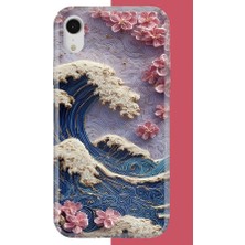 Aksesuarist iPhone Xr Uyumlu Mavi Dalga ve Pembe Çiçekler Baskılı Silikon Kılıf