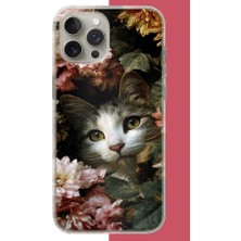 Aksesuarist iPhone 15 Pro Max Uyumlu Çiçeklere Gizlenen Kedi Baskılı Silikon Kılıf