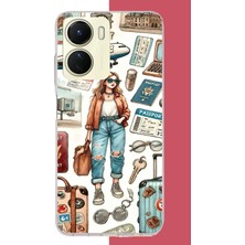 Aksesuarist Vivo Y16 Uyumlu Vintage-Travel Baskılı Silikon Kılıf