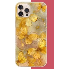 Aksesuarist iPhone 16 Pro Max Uyumlu Altın Kelebekler Baskılı Silikon Kılıf
