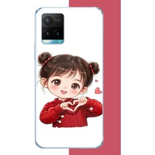 Aksesuarist Vivo Y21S Uyumlu Kawaii Kalpli Kız Baskılı Silikon Kılıf