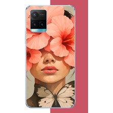 Aksesuarist Vivo Y21S Uyumlu Pembe Çiçekli Kadın Baskılı Silikon Kılıf