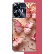Aksesuarist Realme C55 Uyumlu Pembe Renkli Kelebek Baskılı Silikon Kılıf