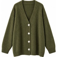 Retrobird Doris Oversize V Yaka Düğmeli Triko Hırka Kadın Haki