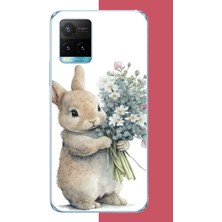 Aksesuarist Vivo Y21S Uyumlu Çiçek Tutan Tavşan.jpeg Baskılı Silikon Kılıf