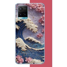 Aksesuarist Vivo Y21S Uyumlu Mavi Dalga ve Pembe Çiçekler Baskılı Silikon Kılıf