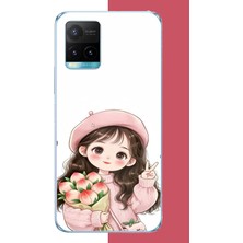 Aksesuarist Vivo Y21S Uyumlu Kawaii Buket Tutan Kız Baskılı Silikon Kılıf