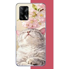 Aksesuarist Oppo A74 Uyumlu Pembe Yapraklı Kedi Baskılı Silikon Kılıf