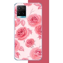 Aksesuarist Vivo Y21S Uyumlu Pembe Gül Deseni Baskılı Silikon Kılıf