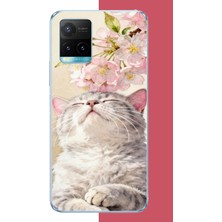 Aksesuarist Vivo Y21S Uyumlu Pembe Yapraklı Kedi Baskılı Silikon Kılıf