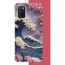 Aksesuarist Samsung Galaxy A02S Uyumlu Mavi Dalga ve Pembe Çiçekler Baskılı Silikon Kılıf
