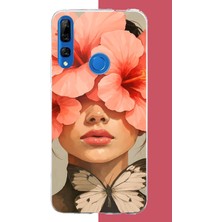Aksesuarist Honor 9x Uyumlu Pembe Çiçekli Kadın Baskılı Silikon Kılıf
