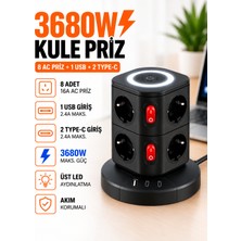 Moxti 3680W Kule Tipli 8x Priz 1x Usb,2xtype-C Şarj 2 Metre Kablo Uzunluğu LED Aydınlatma