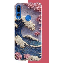 Aksesuarist Honor 9x Uyumlu Mavi Dalga ve Pembe Çiçekler Baskılı Silikon Kılıf