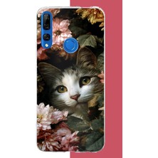 Aksesuarist Honor 9x Uyumlu Çiçeklere Gizlenen Kedi Baskılı Silikon Kılıf