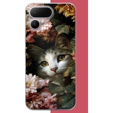 Aksesuarist Tecno Pova Curve 2 Uyumlu Çiçeklere Gizlenen Kedi Baskılı Silikon Kılıf