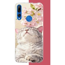 Aksesuarist Honor 9x Uyumlu Pembe Yapraklı Kedi Baskılı Silikon Kılıf