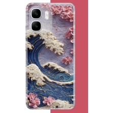 Aksesuarist Infinix Smart 10 Uyumlu Mavi Dalga ve Pembe Çiçekler Baskılı Silikon Kılıf