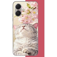 Aksesuarist Tecno Spark Go 2 Uyumlu Pembe Yapraklı Kedi Baskılı Silikon Kılıf
