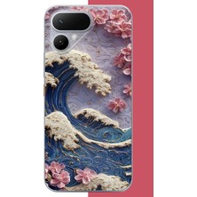 Aksesuarist Tecno Pova Curve 2 Uyumlu Mavi Dalga ve Pembe Çiçekler Baskılı Silikon Kılıf