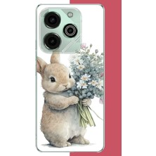 Aksesuarist Tecno Pova 6 Pro Uyumlu Çiçek Tutan Tavşan.jpeg Baskılı Silikon Kılıf