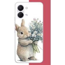 Aksesuarist Tecno Spark Go 3 Uyumlu Çiçek Tutan Tavşan.jpeg Baskılı Silikon Kılıf