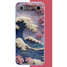 Aksesuarist Tecno Spark Slim 5g Uyumlu Mavi Dalga ve Pembe Çiçekler Baskılı Silikon Kılıf