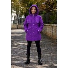 Cansın Mini Mor Kız Çocuk Içi Peluş Kürklü Kapüşonlu Beli Lastikli Uzun Kesim Şişme Mont 24886