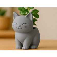 Brf Store Isoprıme Sevimli Kedi Saksı – 3D Baskı Figürlü Sukulent Saksısı-Gri