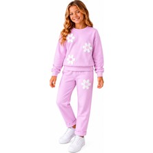 İrem Çocuk Giyim Kız Çocuk Çiçek Modelli Eşofman Atı Duble Paçalı Pembe Renk Eşofman Takımı